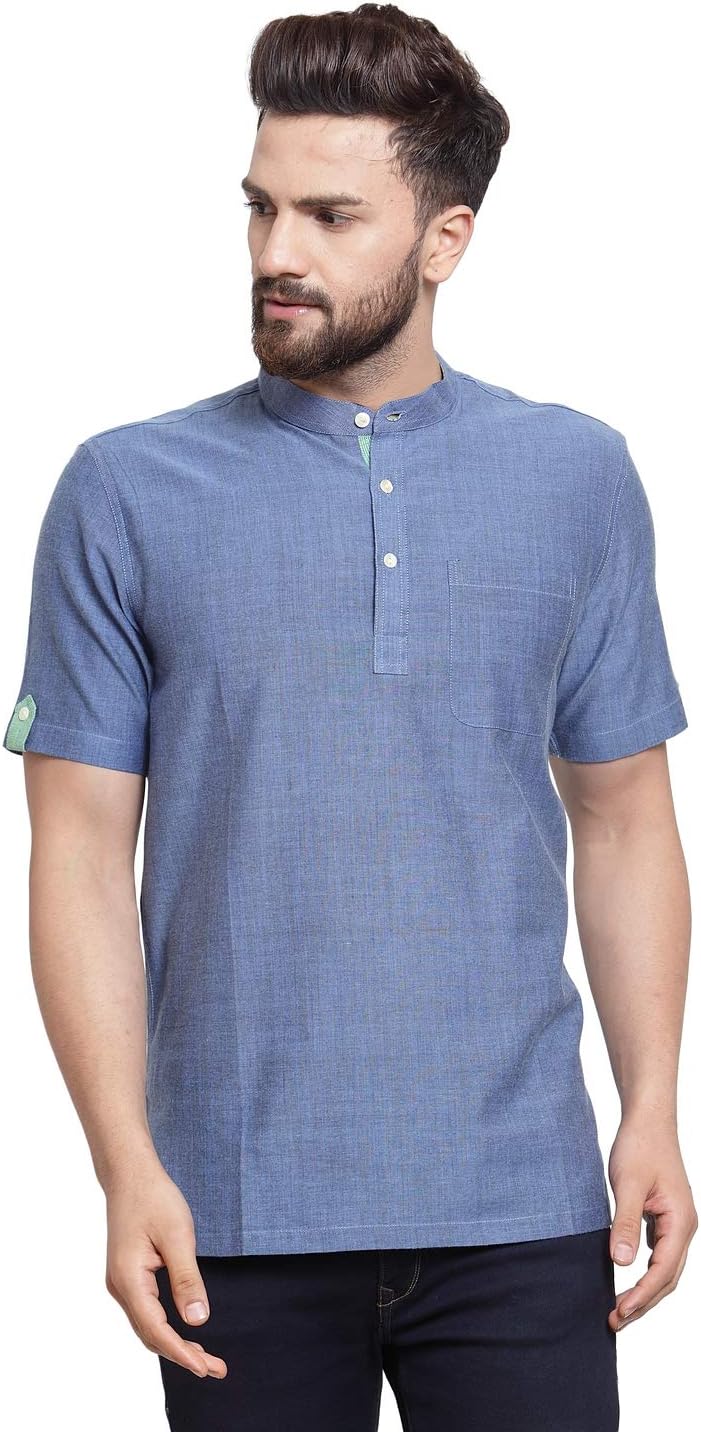 Dhrohar NEUDIS Cotton Short Roll Up Sleeve Mandarin Collar Short Kurta for Men Partyware Dress (Blue)