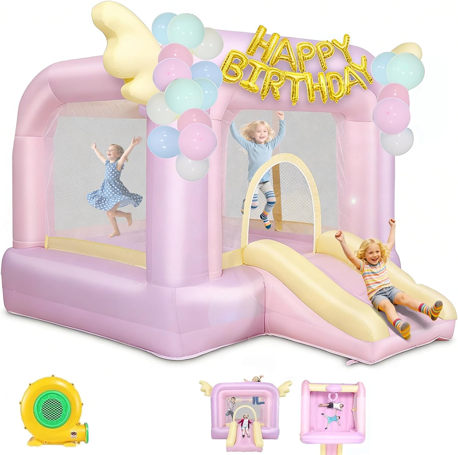Bounce House,Inflatable Bounce House for Kids with UL Blower,Dreamy Pink 3 in 1 Indoor/Outdoor Bouncy Castle,Jumping Castle with Slide&Wings for Backyard/Wedding/Birthday Party