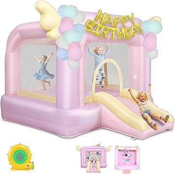 Bounce House,Inflatable Bounce House for Kids with UL Blower,Dreamy Pink 3 in 1 Indoor/Outdoor Bouncy Castle,Jumping Castle with Slide&Wings for Backyard/Wedding/Birthday Party