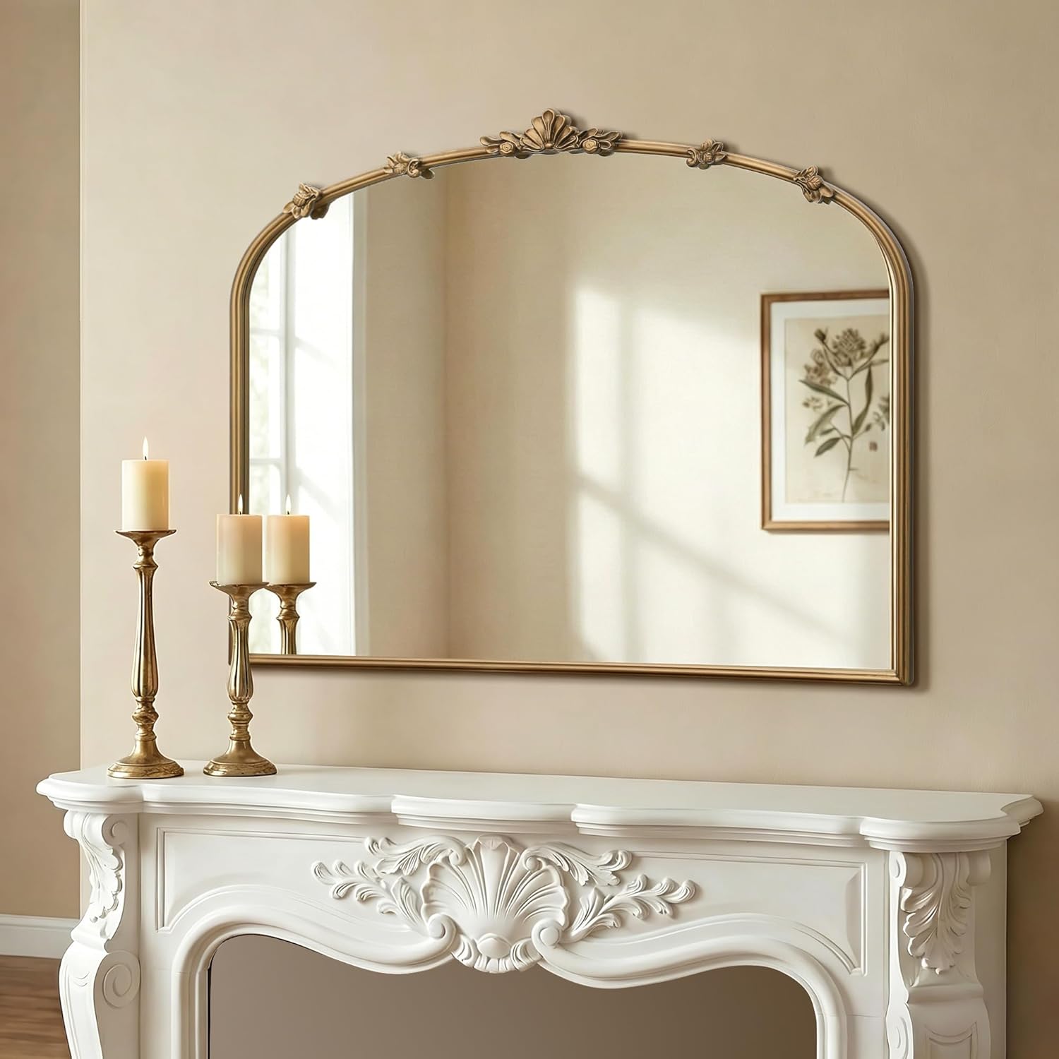 Besdomus Vintage Gold Arched Mirror: 36″x29″ Traditional Ornate Antique Mirror – French Baroque Decorative for Wall/Mantel/Bedroom/Entryway/Bathroom/Hallway – Home Decor for Fashion-Conscious