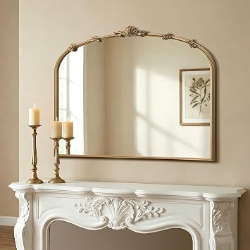 Besdomus Vintage Gold Arched Mirror 36"x29" Traditional Ornate Antique Mirror - French Baroque Decorative for Wall/Mantel/Bedroom/Entryway/Bathroom/Hallway - Home Decor for Fashion-Conscious