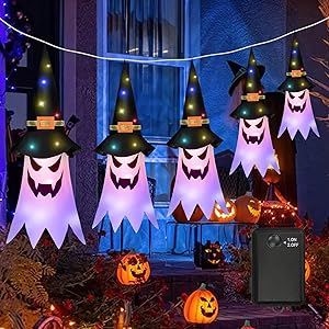 Decoración de Halloween, 5 Piezas Luces Fantasmas Halloween, Fantasma Colgante Iluminado, Decoracion de Fiesta Brillante Bruja, Luces de h-alloween para Casa, Porche, Patio, Jardín