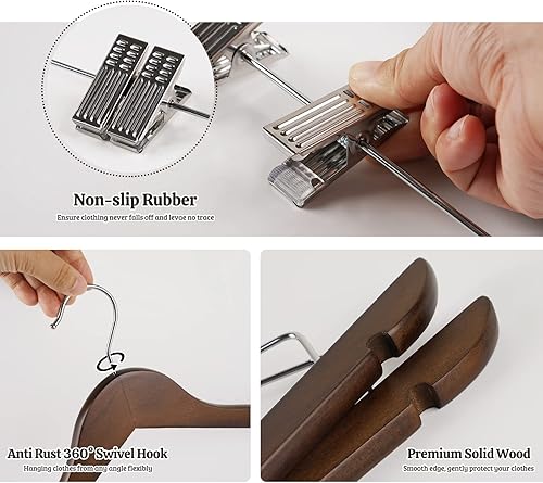 Miniatura 3 de Wooden Clothes Hangers with Clips, 16Pack Wood Skirt Hangers with Clips, High-Grade Selected Walnut Wood Hangers with Sturdy Metal Clips for Pants,