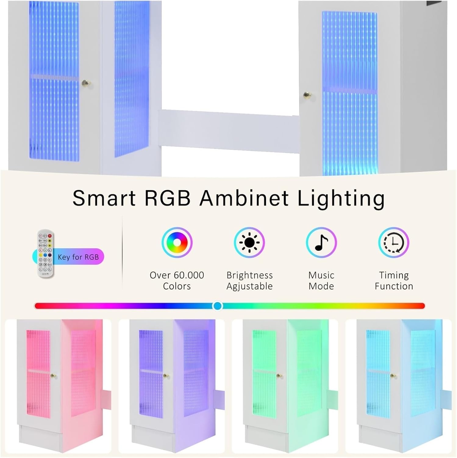 Vanity Desk with Large Mirror and Bulbs, Modern Glass Top Makeup Vanity with Drawers and Power Outlet, Large Dressing Table with 3 Color Lighting Modes & RGB Cabinets