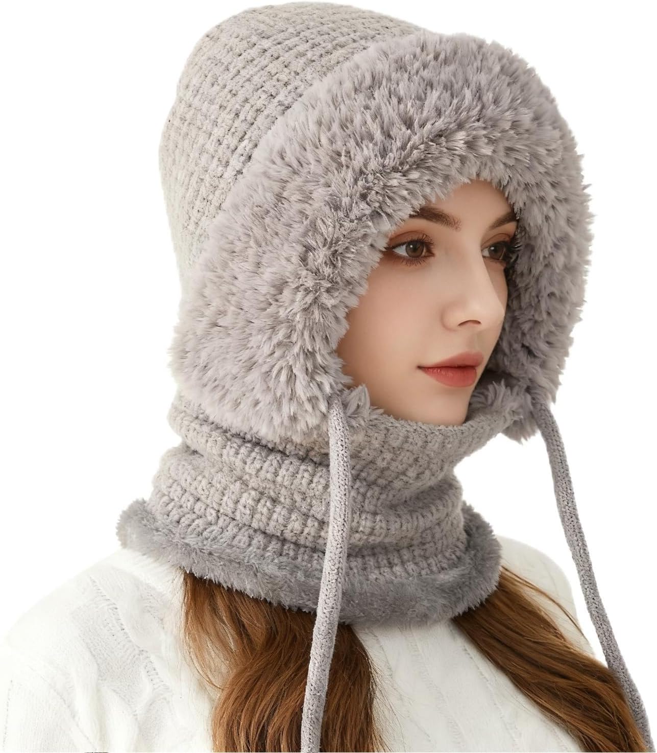 3 in 1 Beanie Hat with Scarf and Mask Winter Hat Scarf Mask Outdoors Windproof S-Carf Ha-t Grey