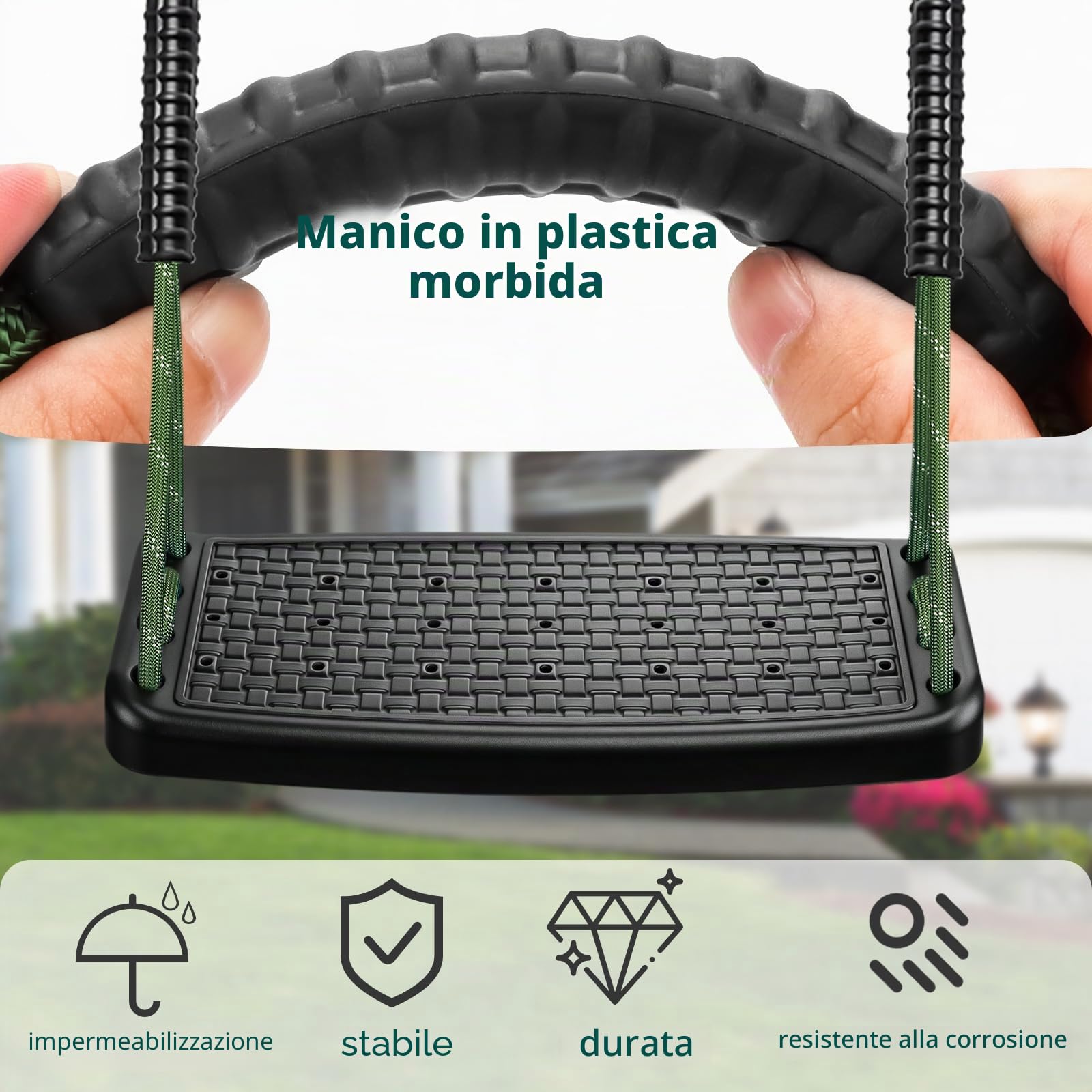Altalena da giardino per esterni, in plastica, antiscivolo, regolabile in altezza, corda da 130 cm a 200 cm, con fibbia a moschettone, parco giochi per esterni, altalena da giardino, per