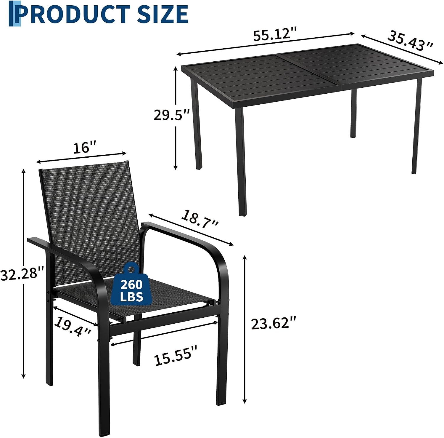 Diagram showing dimensions of the Garvee patio table and chair