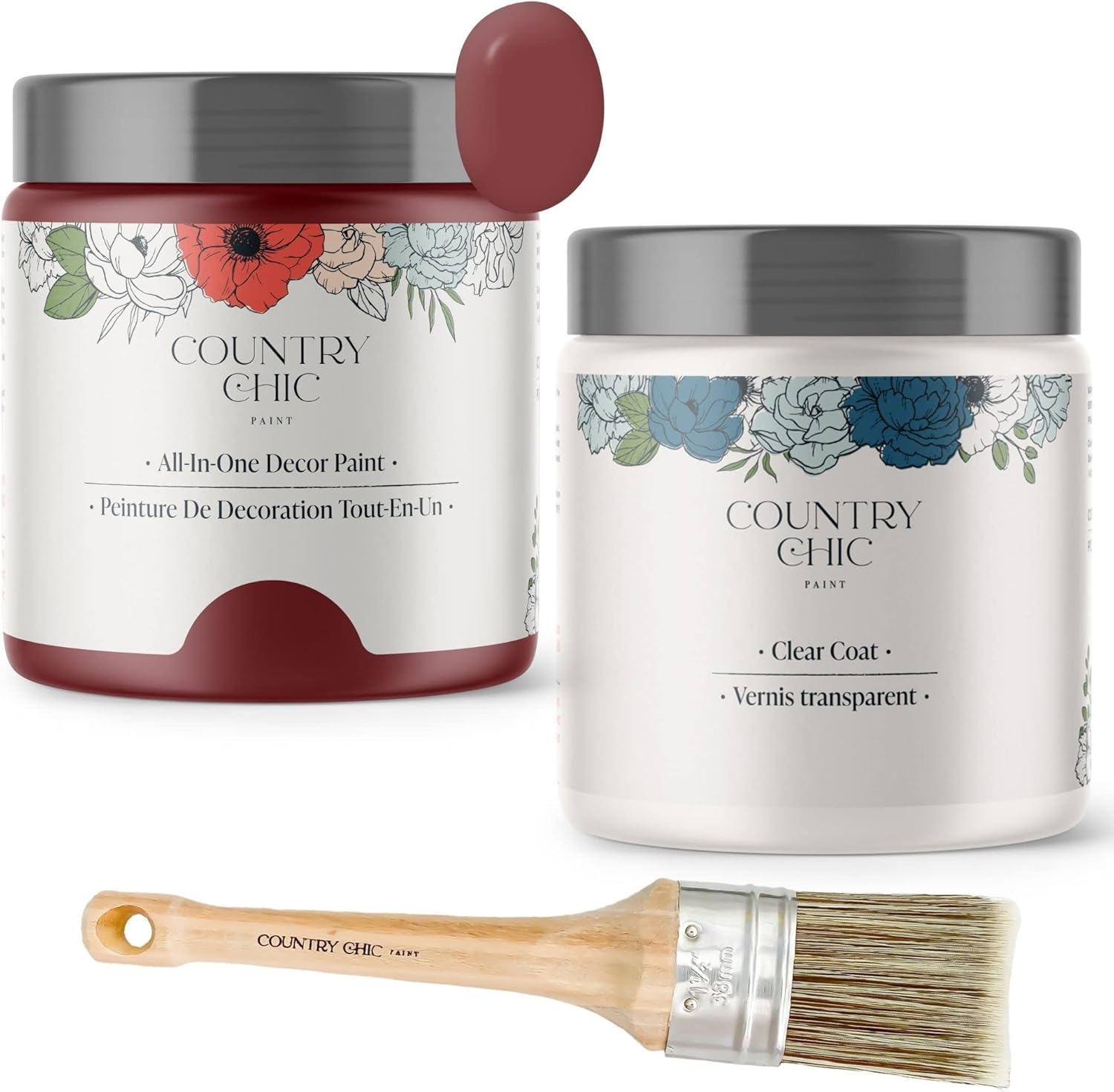 Chalk Style Paint + Clear Coat + Paint Brush Bundle - for Furniture, Home Decor, Crafts (Color: Cranberry Sauce [pint - 16 oz] - Red)