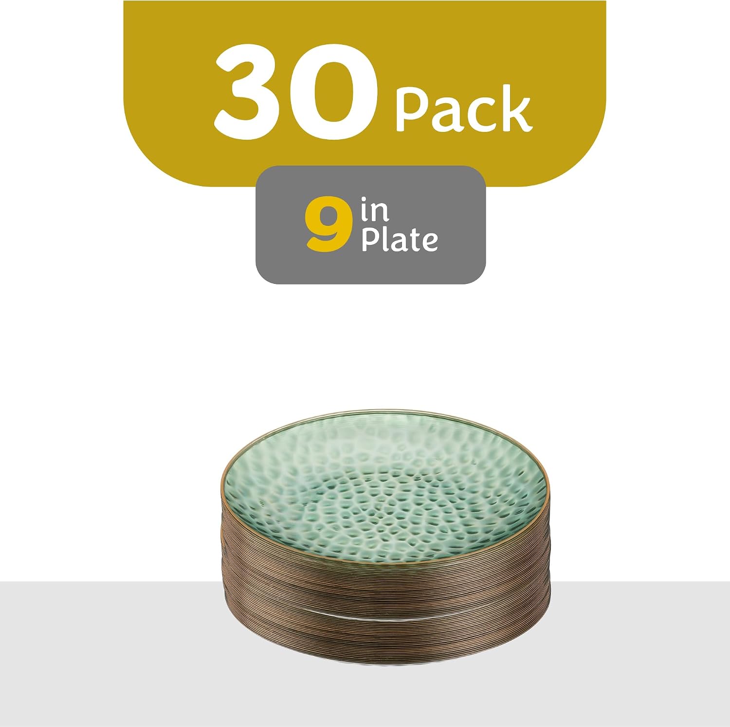 PLASTICPRO 30 Pack Hammered Plastic Plates Heavyweight Disposable Plastic Plates Elegant Clear Hammered Rim Platsic Party Dishes (Hamered Green With Gold Rim, 9'' INCH PLATES)