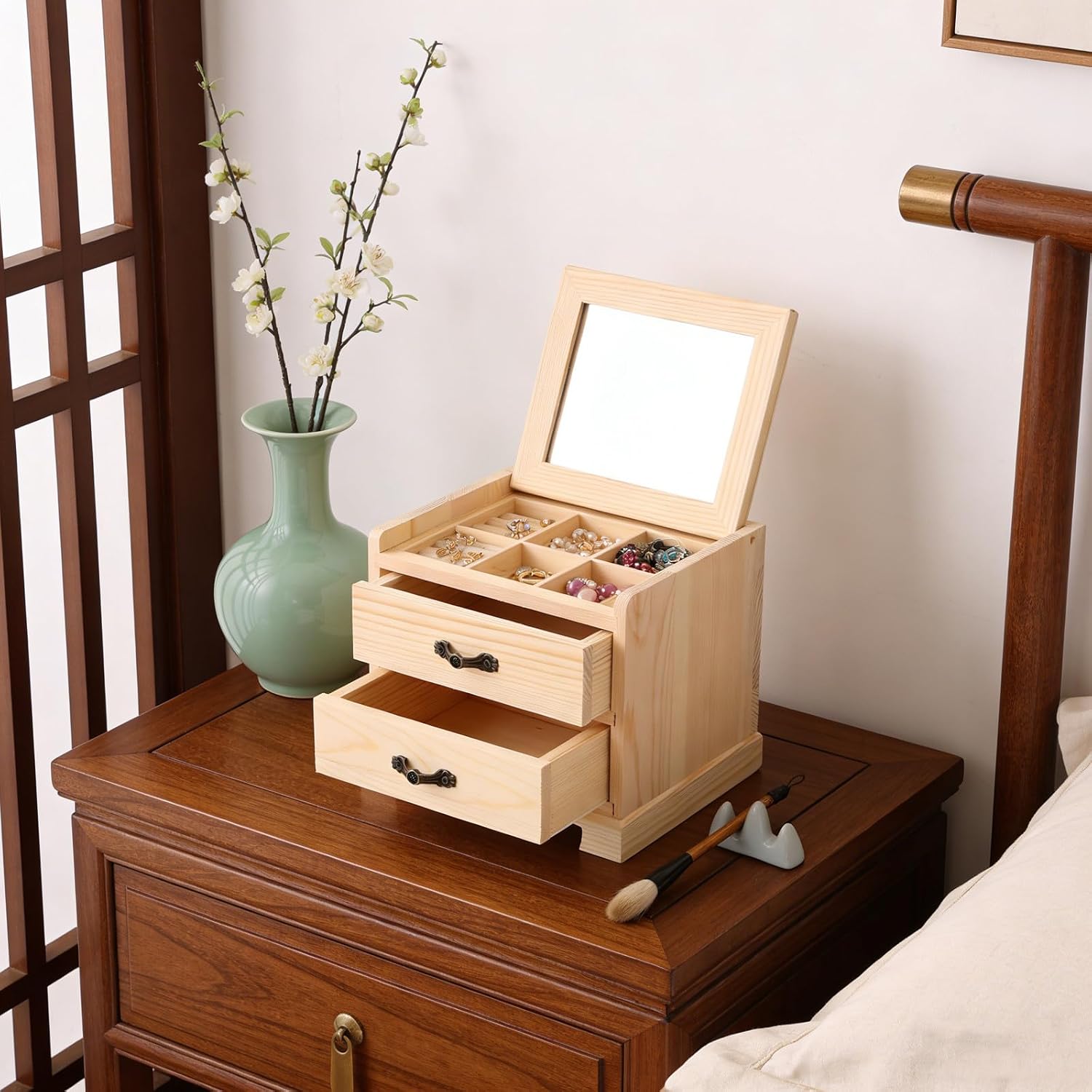 Wooden Jewelry Box with Mirror, Rustic Organizer 2 Tier for Women image 5