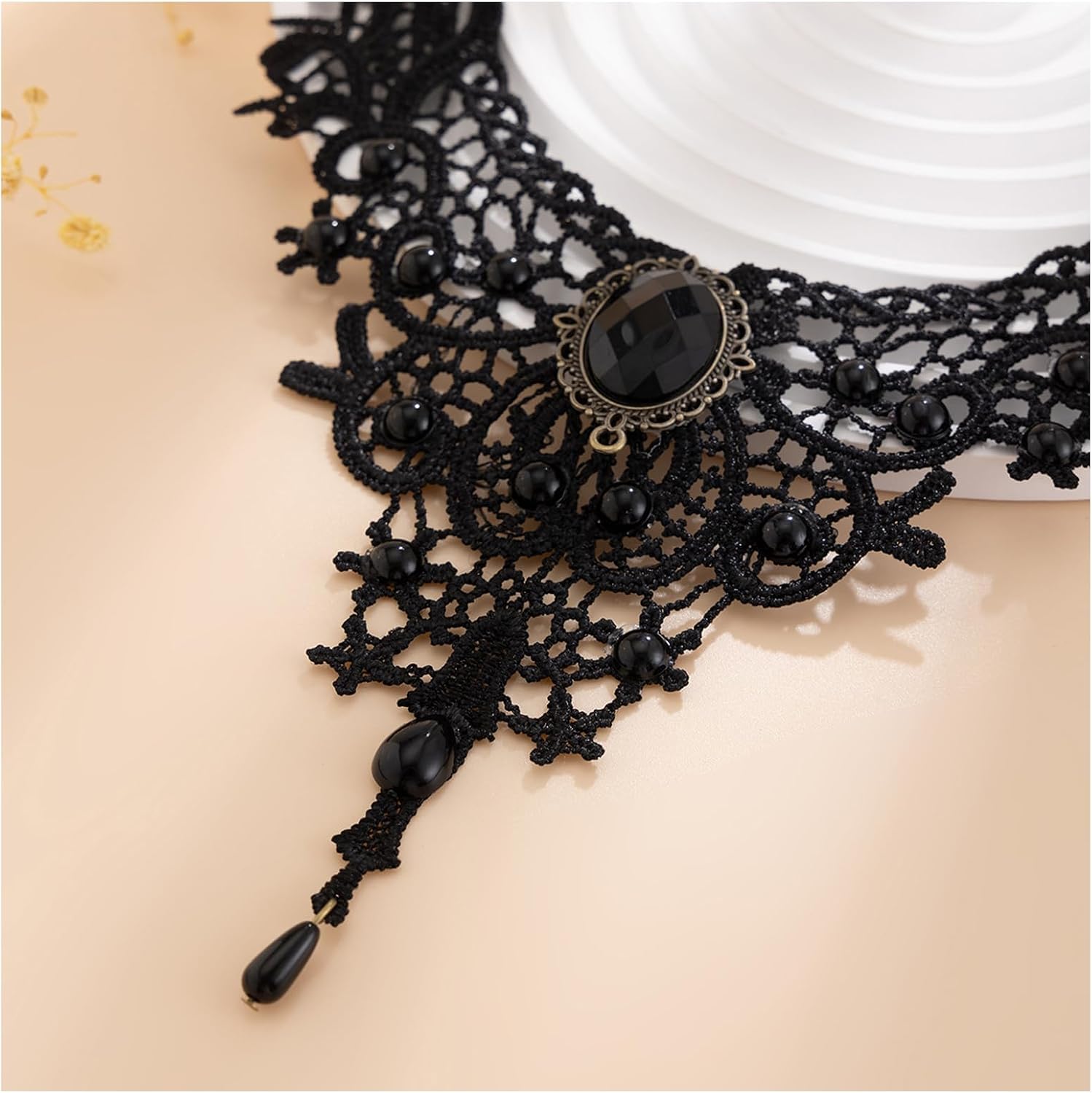 Gothic Black Crystal Bead Collar Necklace for Women Sexy Lace Flower Clavicle Chain Necklace Multi Layered Crystal Statement Chain Necklace for Women Halloween