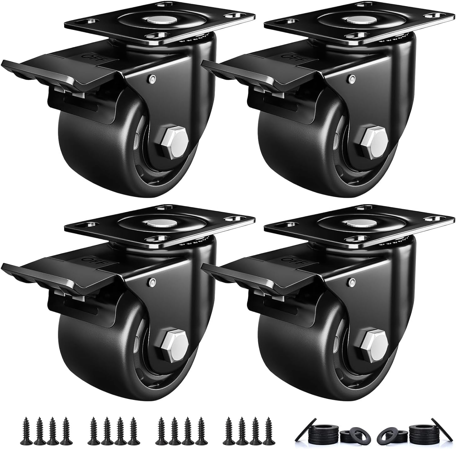 4-Pack Black Universal Casters, 2-Inch Movable Swivel Casters With Brake Pedal, Silent Rollers, Wear-Resistant, Suitable For Furniture, Desks, Chairs, Single Wheel Load-Bearing 40kg (Black)