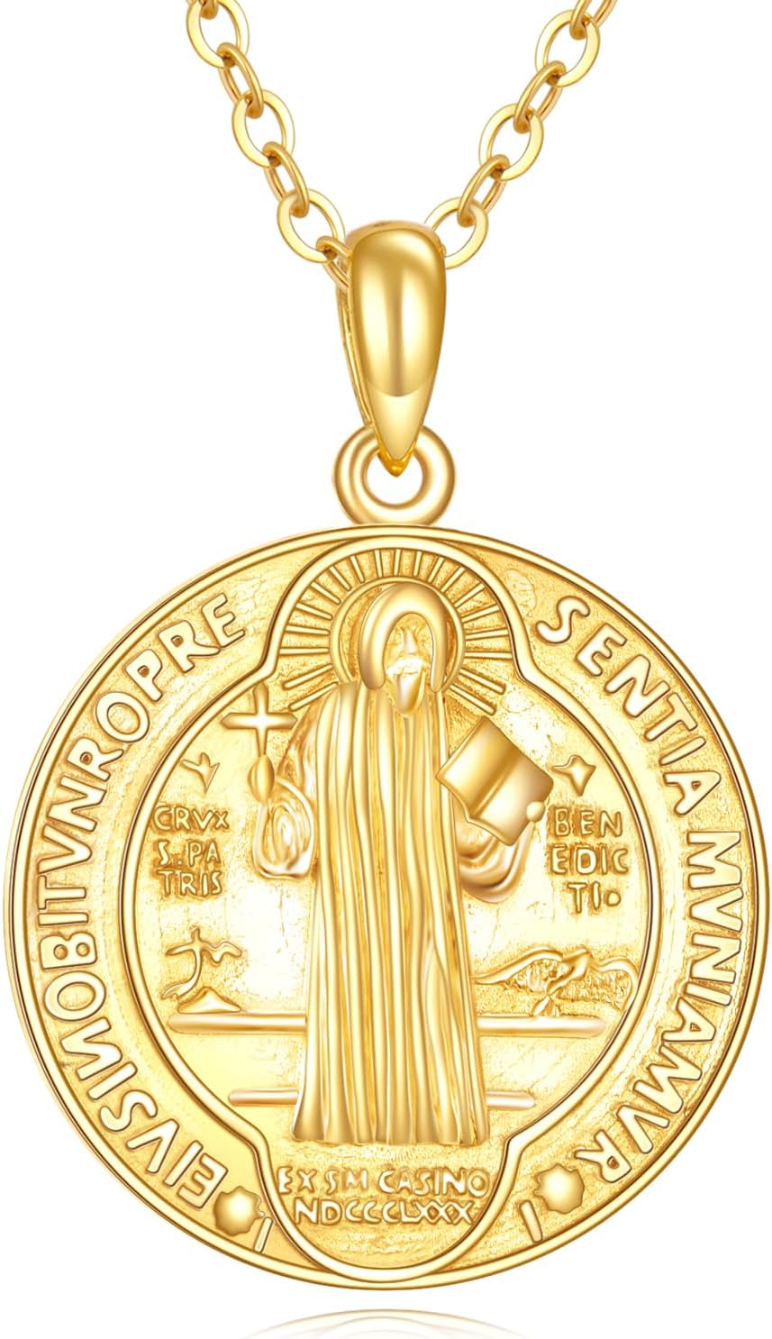 KECHO 14K Gold Saint Benedict Necklace Religious Pendant Patron Saint Pendant 14K Real Gold Religious Jewelry for Men Women