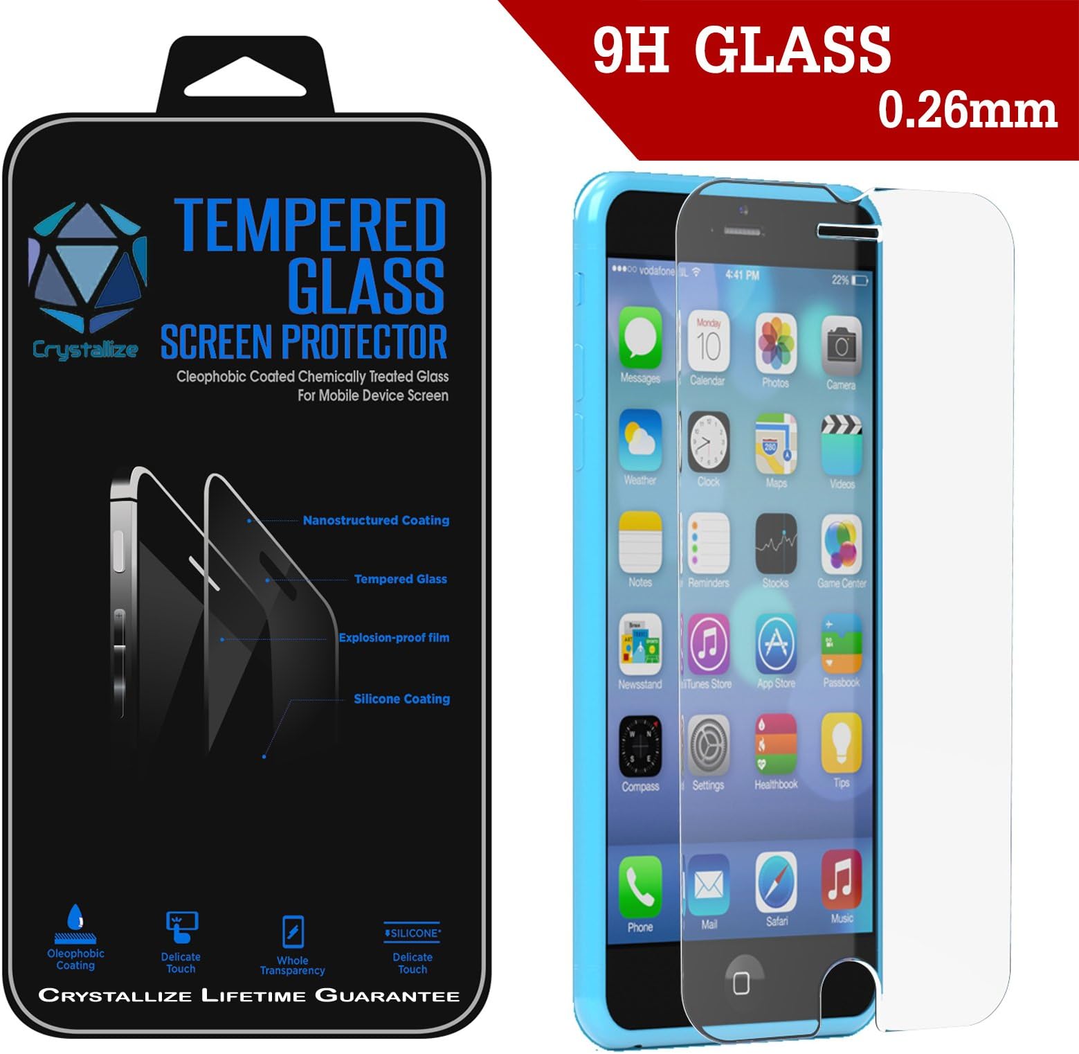 Iphone 6 Tempered Glass Screen Protector - Crystallize Protection for Your Apple Iphone 6 - Scratch Resistant with 9H Hardness - Round Edge and Thin Design at 0.26mm - Bubble Free - Only Fits 4.7” - Protect your Investment and Maximize Resale - Lifetime Guarantee