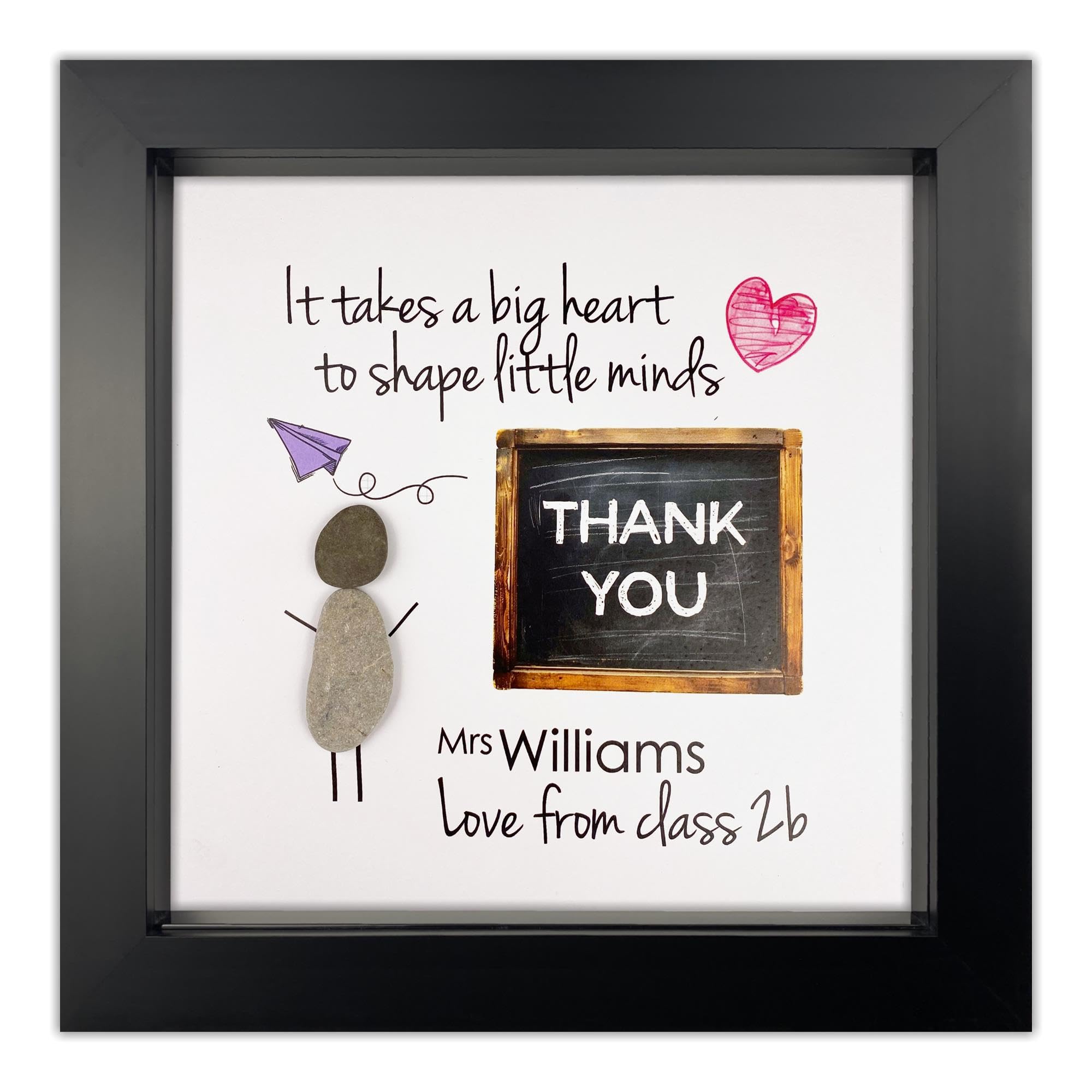 Handmade Thank You Teacher Pebble Picture Gift, Fully Personalised, 8 Inch Frame, End of Year Present, Teacher and Pupil (Black Frame)
