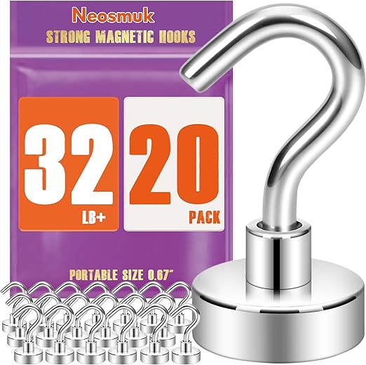 Neosmuk Magnetic Hooks, Cruise Ship Essentials, 32lb+ Heavy Duty Magnetic Hooks for Cruise Cabins, Refrigerator, Grill, Hanging, and Travel | Extra Strong Must-Haves Magnet Hook,Silver Pack of 20