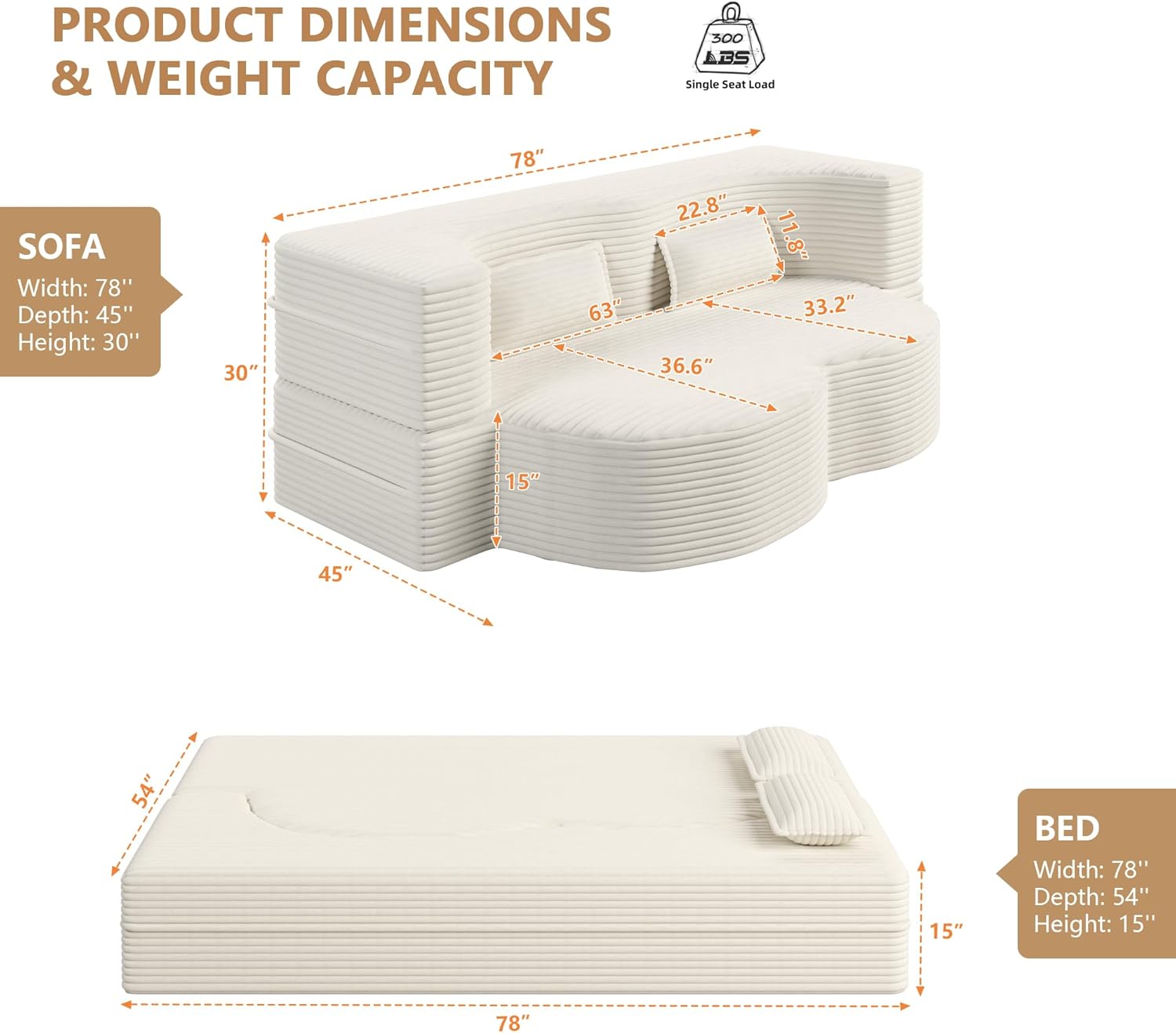 Aoowow Folding Sofa Bed, 78” Convertible Sleeper Sofa with Pillows, Modern Corduroy Fabric Floor Loveseat Couch Comfy Foam Filled Couches Full Folding Mattress for Living Room,Beige