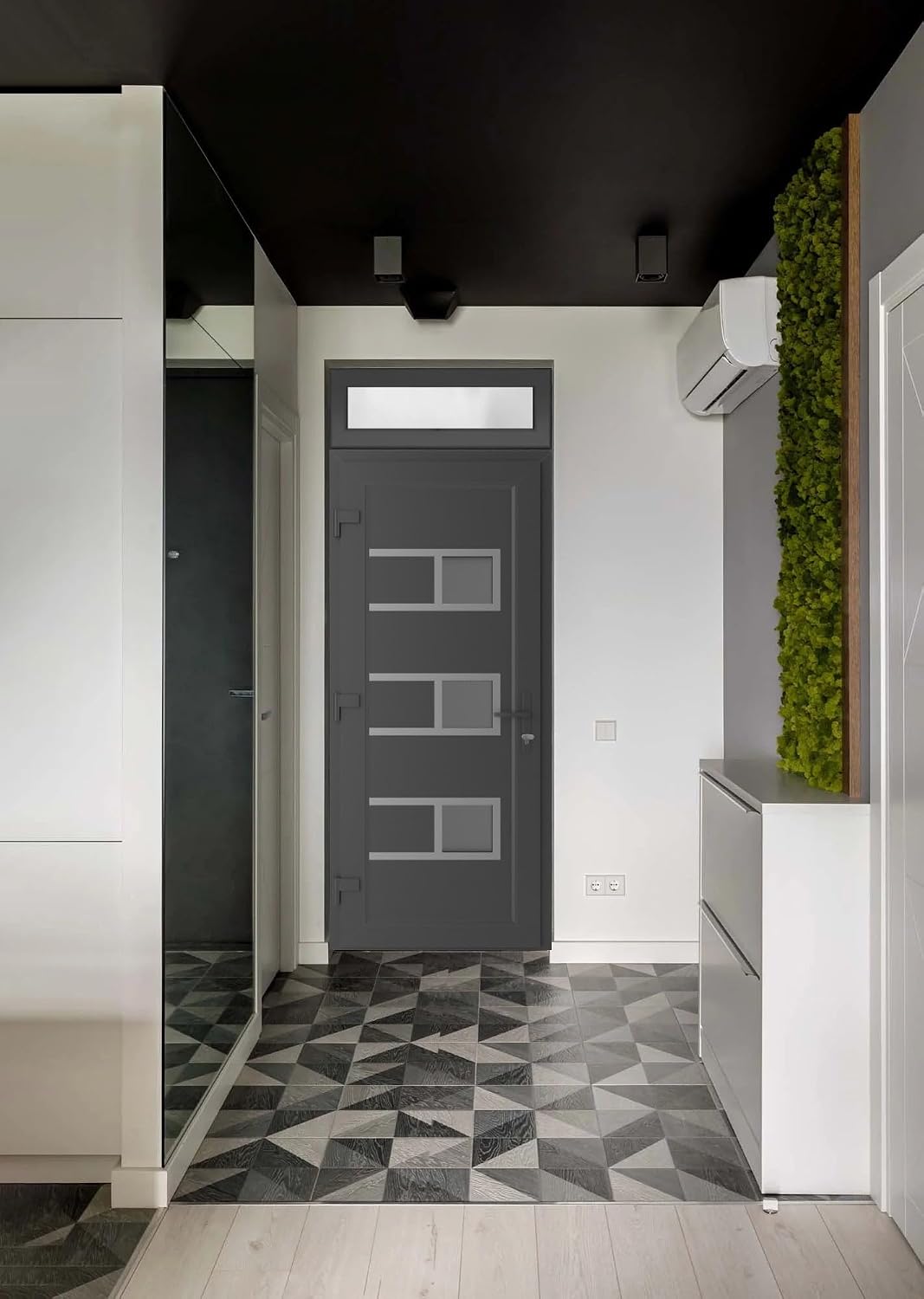 VDOMDOORS Front Exterior Prehung Metal-Plastic Door Frosted Glass | Manux 8933 Antracite Grey | Top Sidelite Transom | Residential Doors Entrance Patio Garage 30 x 94 (W30 x H80+14) Right-Inswing