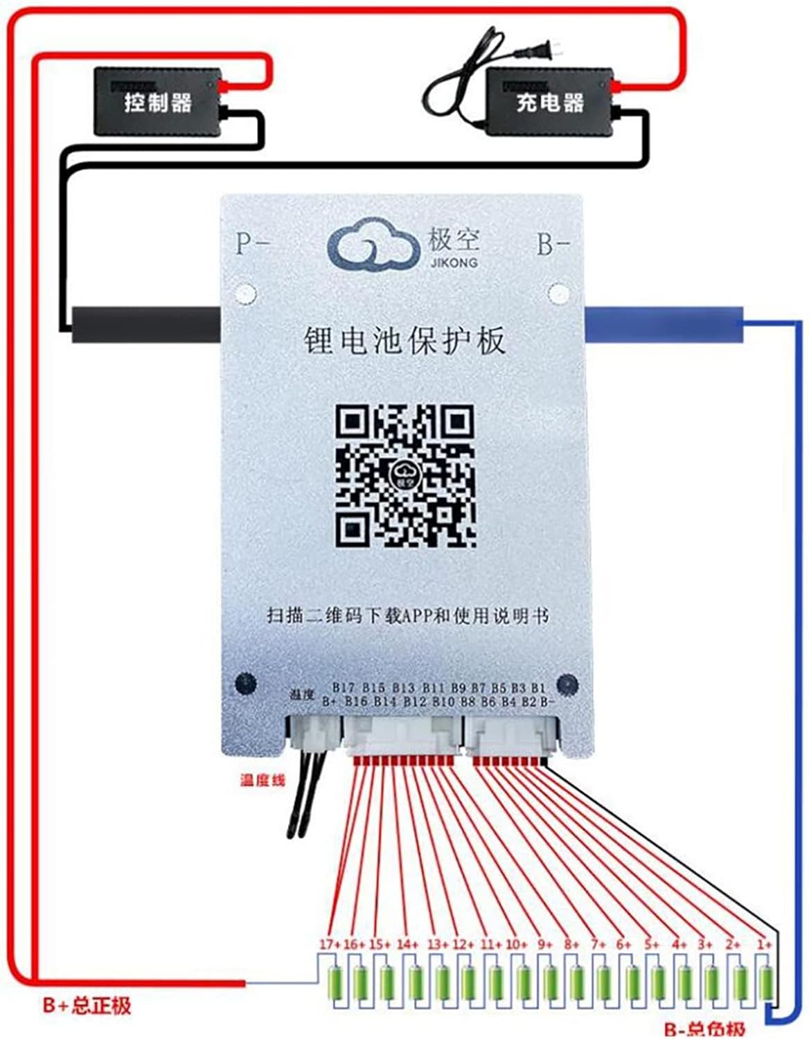 Aoleaby JK Smart BMS wiring diagram showing connections to battery cells, charger, and load
