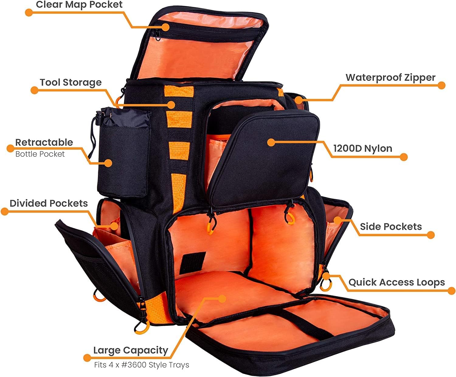 Amber Sporting Goods Fishing Backpack Waterproof Tackle Bag with Protective Rain Cover Includes 4 Tackle Boxes Stainless Steel Fishing Pliers and Lanyard, Black/Orange