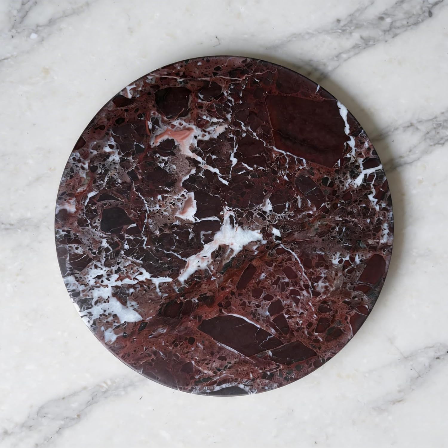 Natural Round Marble Tray Glossy Pastry Board for Dessert, Cheese, Coffee, Smooth on Both Sides (Rosa Levanto)