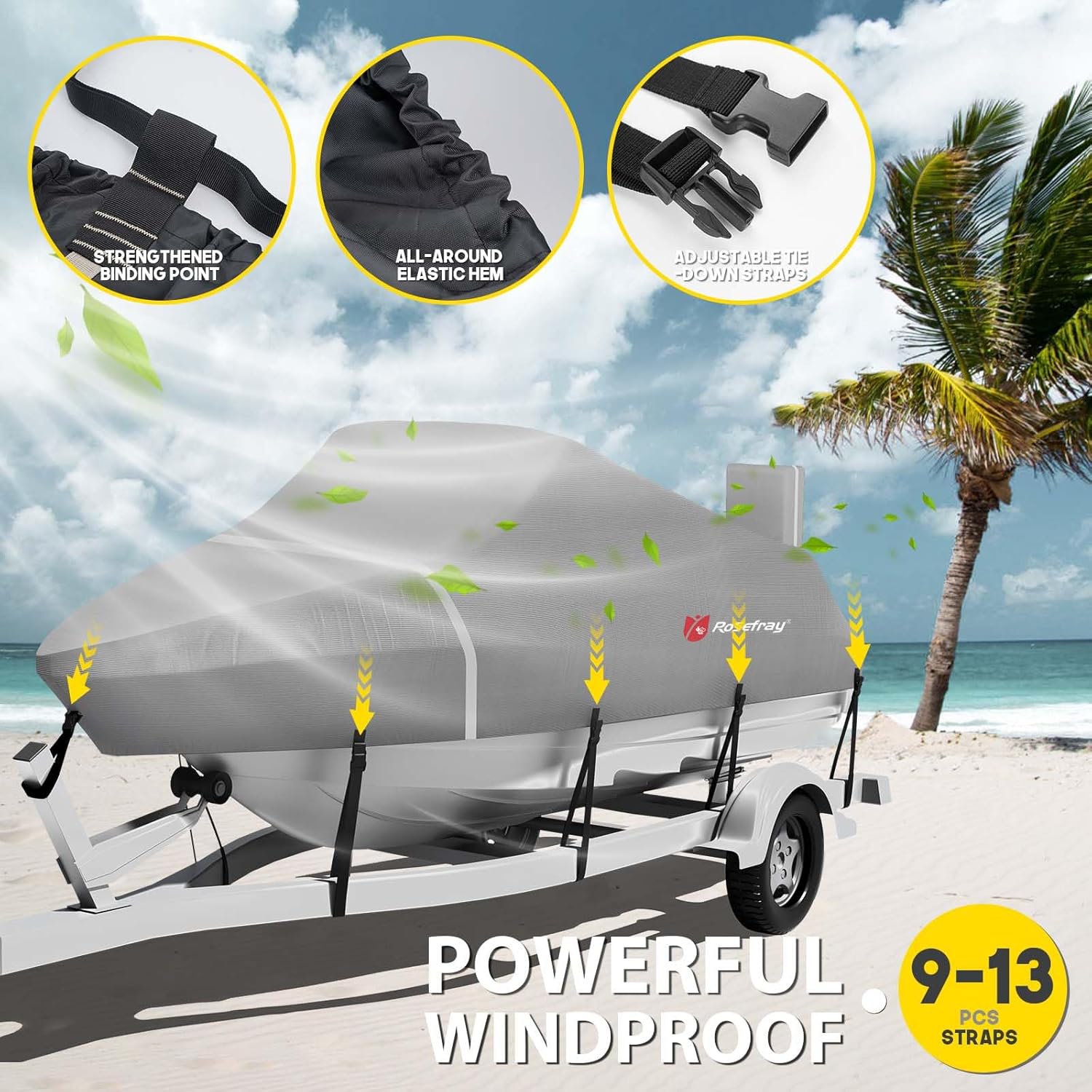 Rosefray 900D Boat Cover, Heavy Duty Waterproof Bass Boat Covers with Motor Cover Fits V-Hull/Tri-Hull/Fish/Ski/Runabout Boat,Fade-Proof Trailerable Boat Cover Fit 16'-18.5' L 94" Width Black