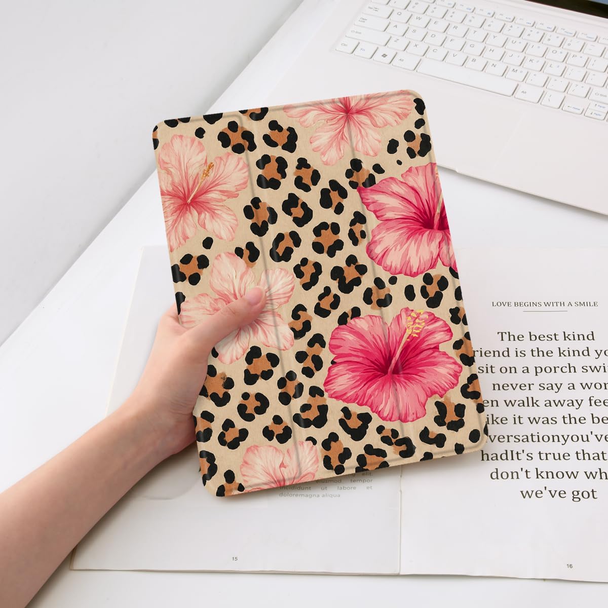 Leopard Print Case for iPad Air 13 Inch M3/M2(2025/2024) Aesthetic Hibiscus Protective Cover Trifold Stand Black Leather Soft Back with Pencil Holder