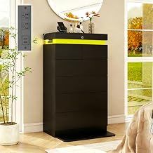 Vipbear Tall 6 Drawer Dresser for Bedroom Modern Black LED Dressers Chests of Drawers for Closet, Sliding Top Storage with Lock & LED Light & Power Outlet for Living Room, Entryway, Hallway, Nursery
