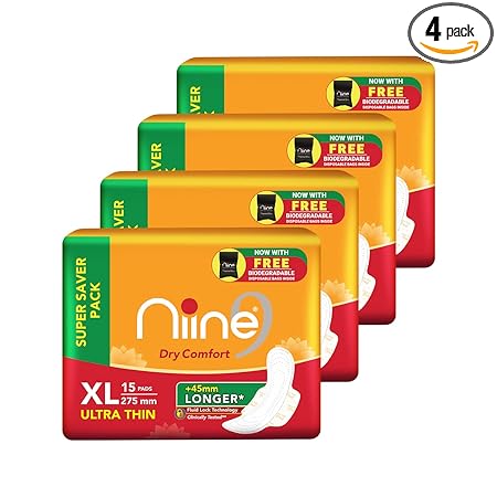 NIINE Dry Comfort Ultra Thin Sanitary Pads for women (Pack of 4) 60 Pads with Fluid Lock Gel Technology