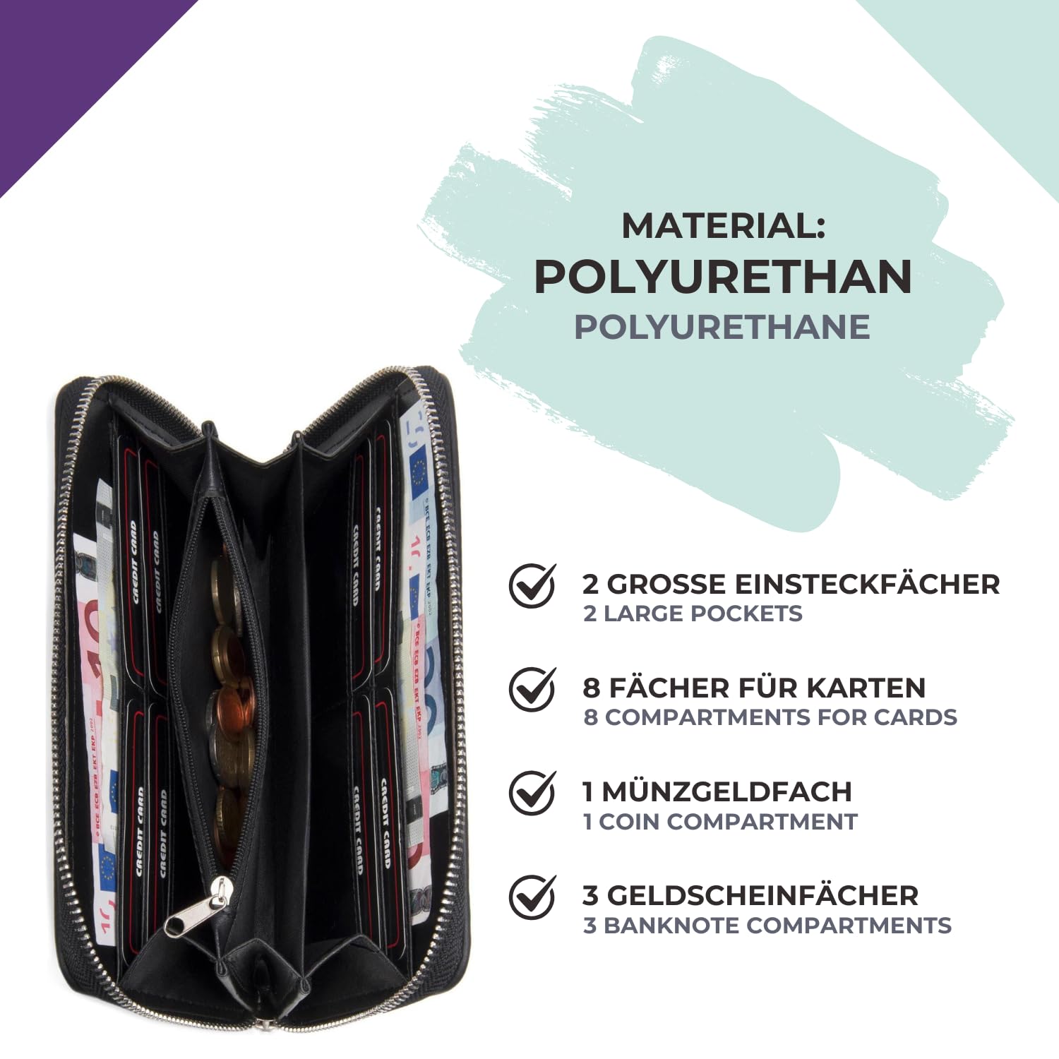 styleBREAKER Portfel z brokatem na całym świecie, zamek błyskawiczny, portfel damski 02040056, Jasnoniebieski/srebrny, Taille unique, Portfel
