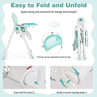 Vista 6 de BABY JOY Silla alta para bebés y niños pequeños, silla alta plegable con respaldo/reposapiés/altura del asiento, bandejas dobles extraíbles, cojín