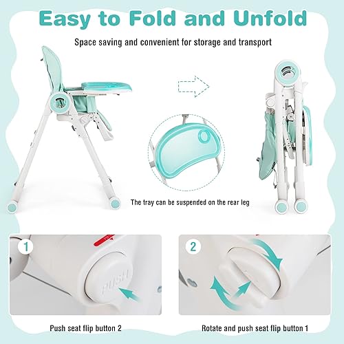 Miniatura 6 de BABY JOY Silla alta para bebés y niños pequeños, silla alta plegable con respaldo/reposapiés/altura del asiento, bandejas dobles extraíbles, cojín