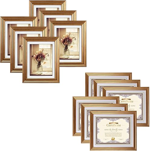 MEBRUDY Paquete de 6 marcos de fotos de 5 x 7 y 6 unidades de 8,5 x 11 pulgadas con estera, marcos de fotos dorados, para pared o mesa