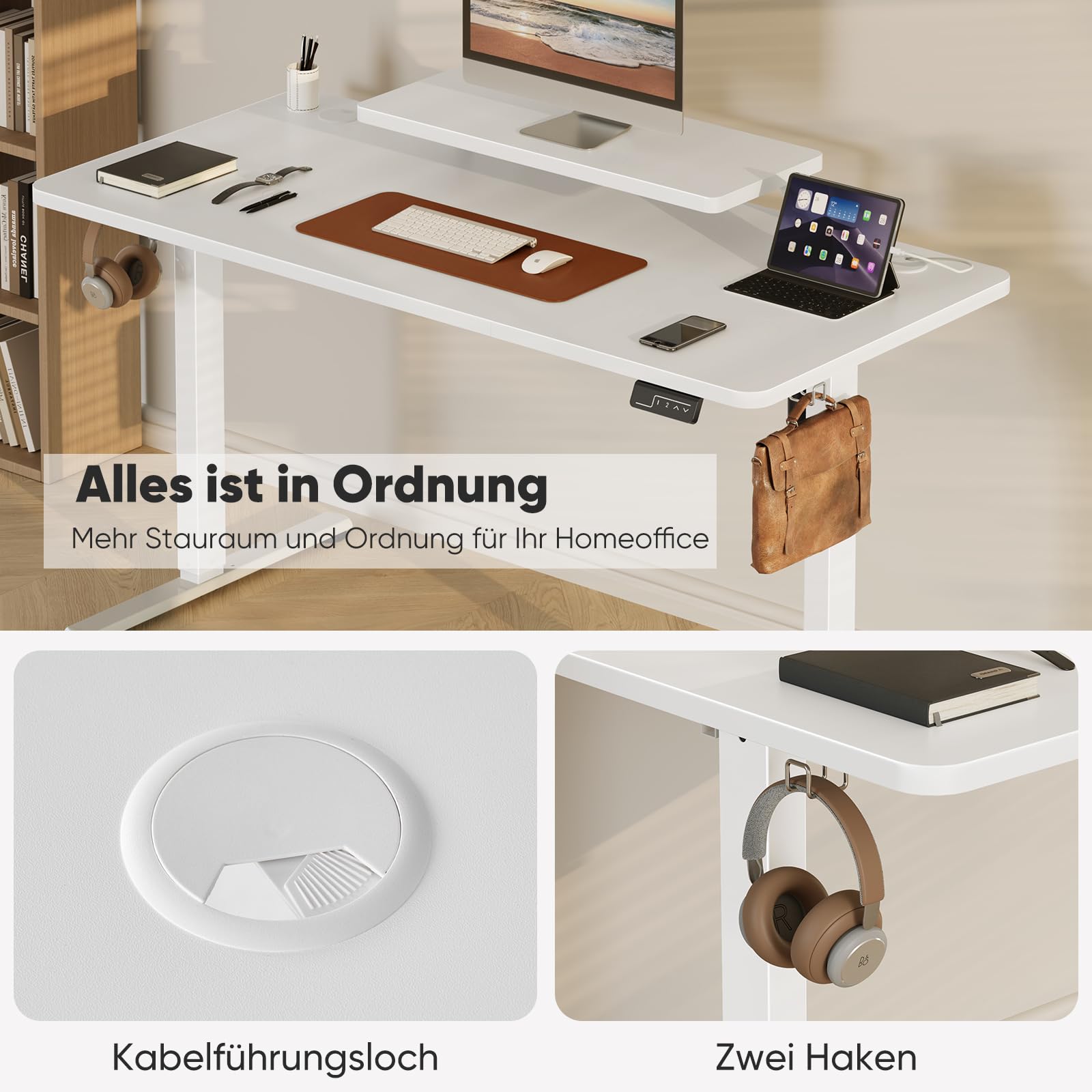 Sweetcrispy Höhenverstellbarer Schreibtisch mit Monitorständer, 140 x 60 cm Schreibtisch Höhenverstellbar Elektrisch, Ergonomischer Steh-Sitz Tisch, Computertisch Standing Desk, Weiß