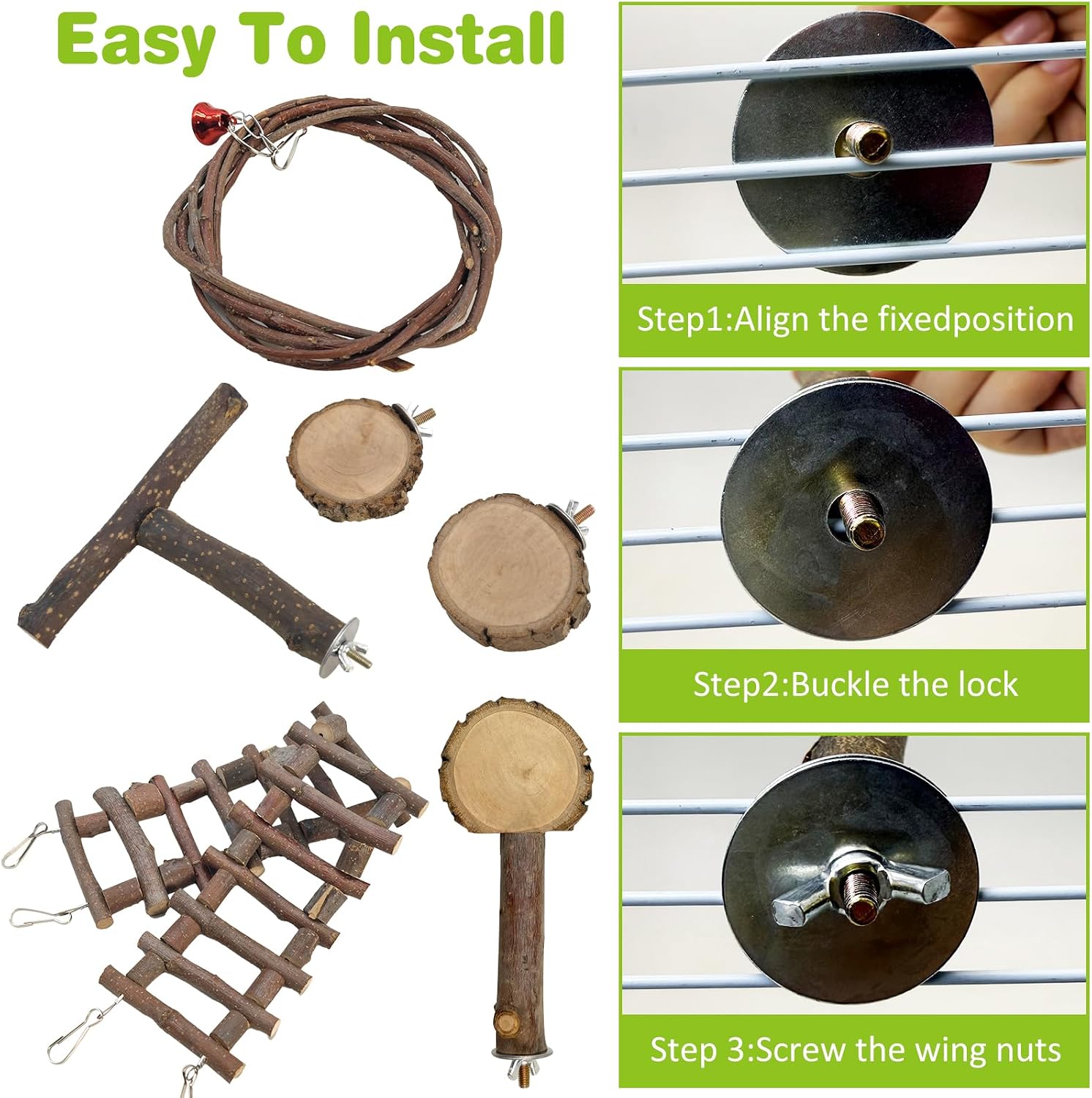 BNOSDM 6PCS Chinchilla Cage Accessories, Natural Wood Sugar Glider Climbing Bridge & Perch Platforms, Rat Enrichment Toys Set for Small Animals Squirrel, Gerbil, Hamster