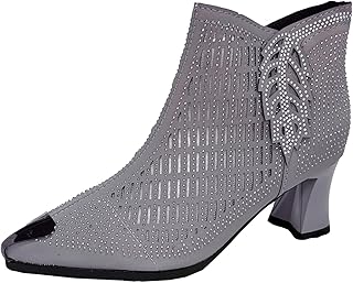 Women Chunky High Heeled Ankle Booties Fashion Sparkly Short Boots Hollow Mesh Ponted Toe Party Dress Booties Shoes With Side Zipper for Women