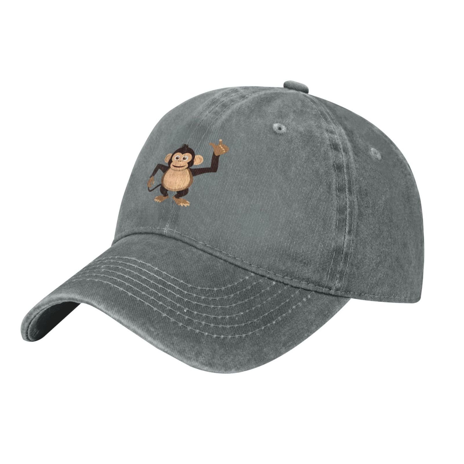 Udfkglp Unisex Gray Black Naughty Little Monkey Pattern Washed Cowboy Baseball Cap For Adults - Stylish And Breathable Hat