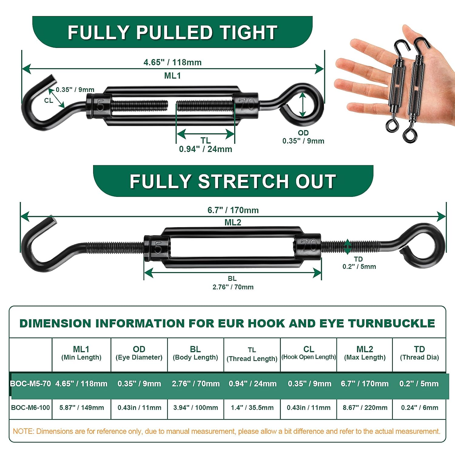Black Turnbuckles for Cables Wire, 12PCS M5 Eye Hooks Rope Tensioner Kit, Screen Door Turnbuckles for Shade Sail Fence Tent Paracord Clothes Line String Light Hanging Rope Tightening Tool