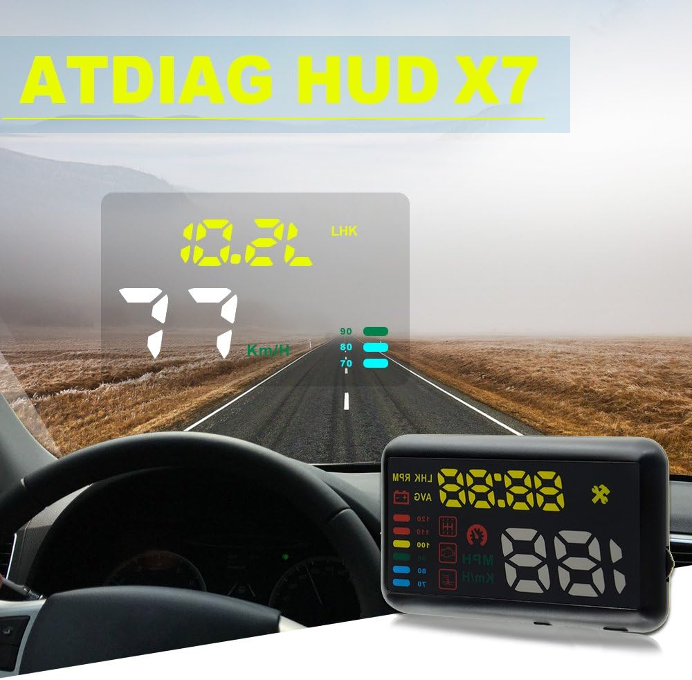 ATDIAG HUD X7 Large Screen Car HUD Head Up Display KM/h & MPH Speeding Warning Windshield Project Vehicle Speedometer (X7)