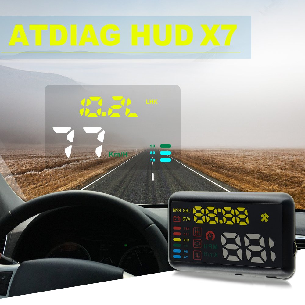 ATDIAG HUD X7 Large Screen Car HUD Head Up Display KM/h & MPH Speeding Warning Windshield Project Vehicle Speedometer (X7)