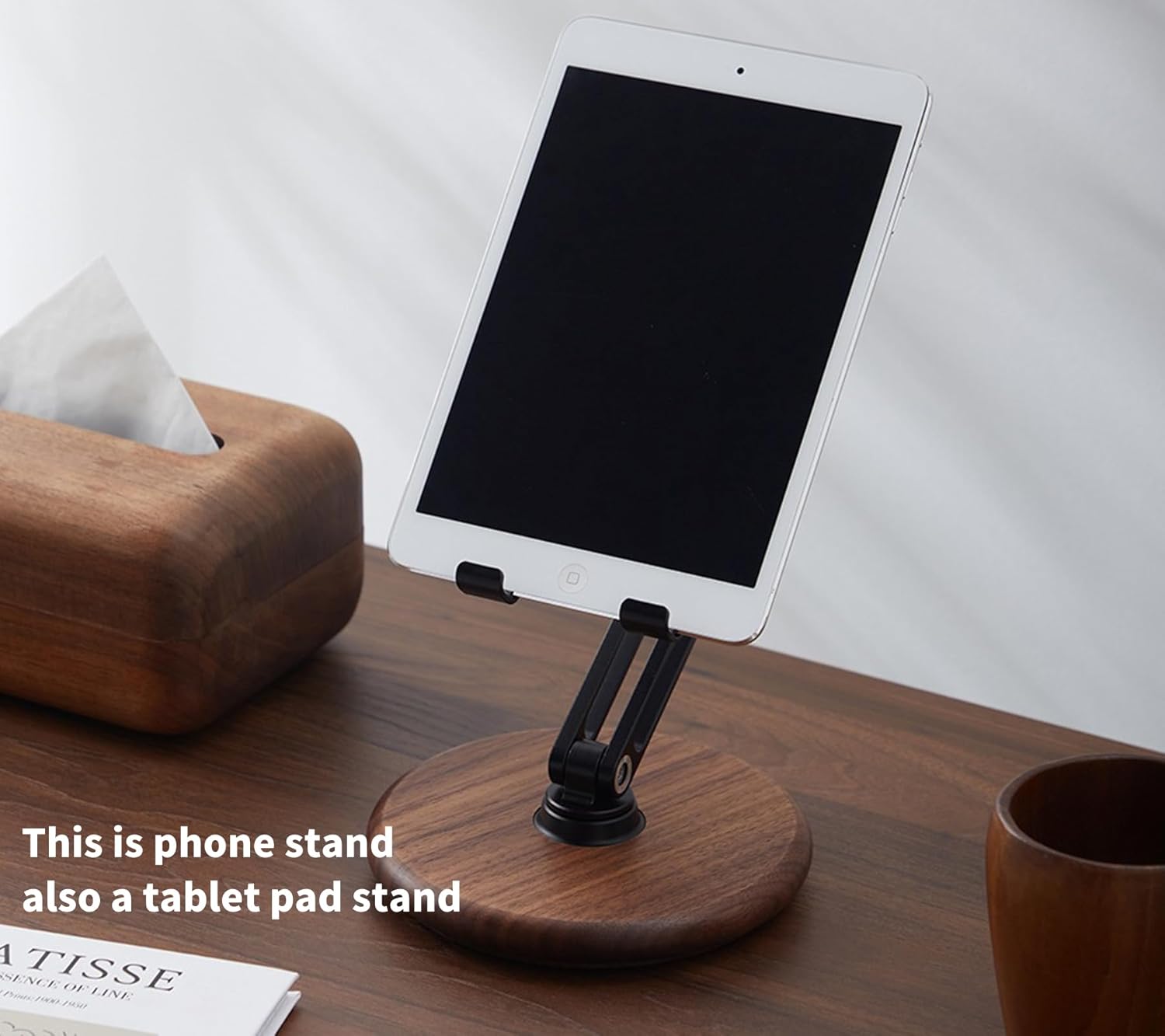 RENMTURE Phone Desk Stand, Adjustable Foldable Cell Phone Stand with 360° Rotation for iPhone 16 15 14 13 Pro ipad, Mobile Phones & Tablets Stable, Ergonomic Holder for Home Office, Walnut Wood Base