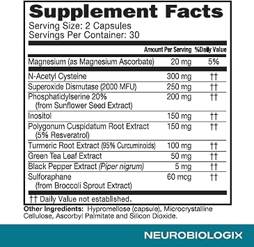 مركب التخلص من السموم داخل الخلايا Neurobiologix، NAC، سلفورافان، ريسفيراترول، مستخلص الكركم والشاي الأخضر، يدعم مسارات التخلص من السموم الخلوية، نشاط مضادات الأكسدة واستجابة NRF2، نباتي، 60 كبسولة
