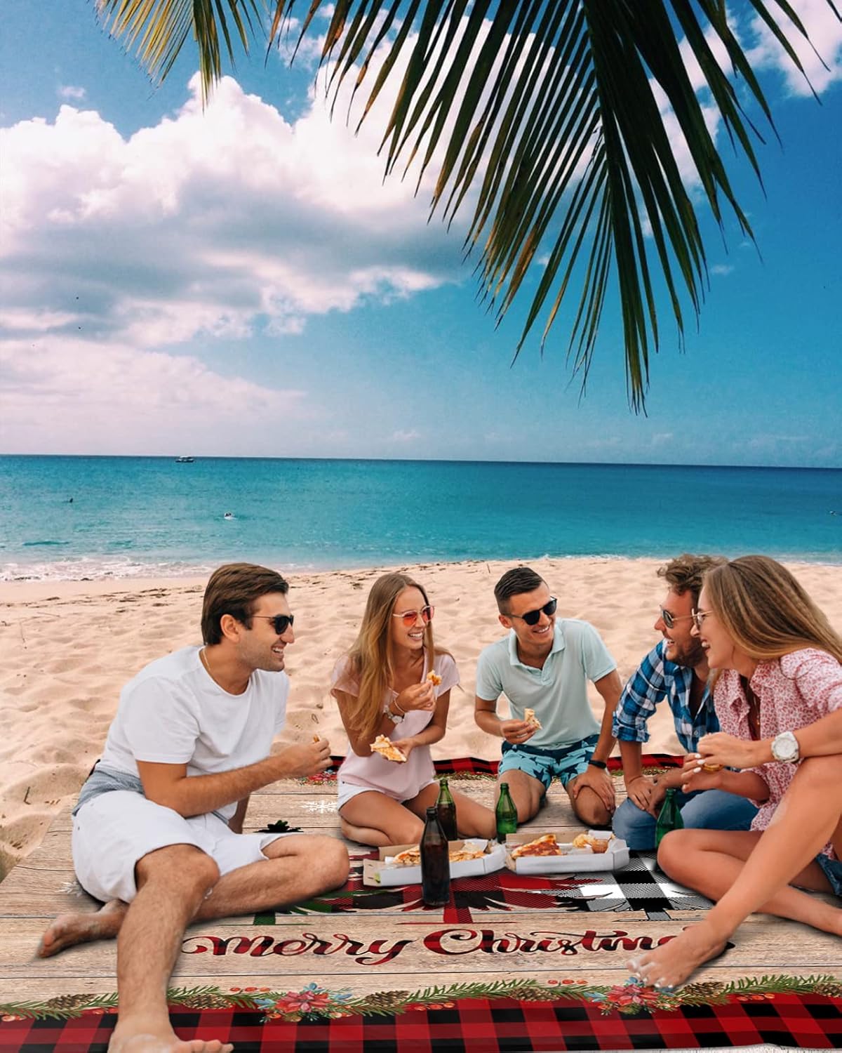 Winter Christmas Buffalo Lattice Tree Beach Blanket Waterproof Sandproof Outdoor Picnic Mat 95"x80" Wooden Grain Lightweight Large Beaach Blankets with 4 Stake & 4 Corner Pockets
