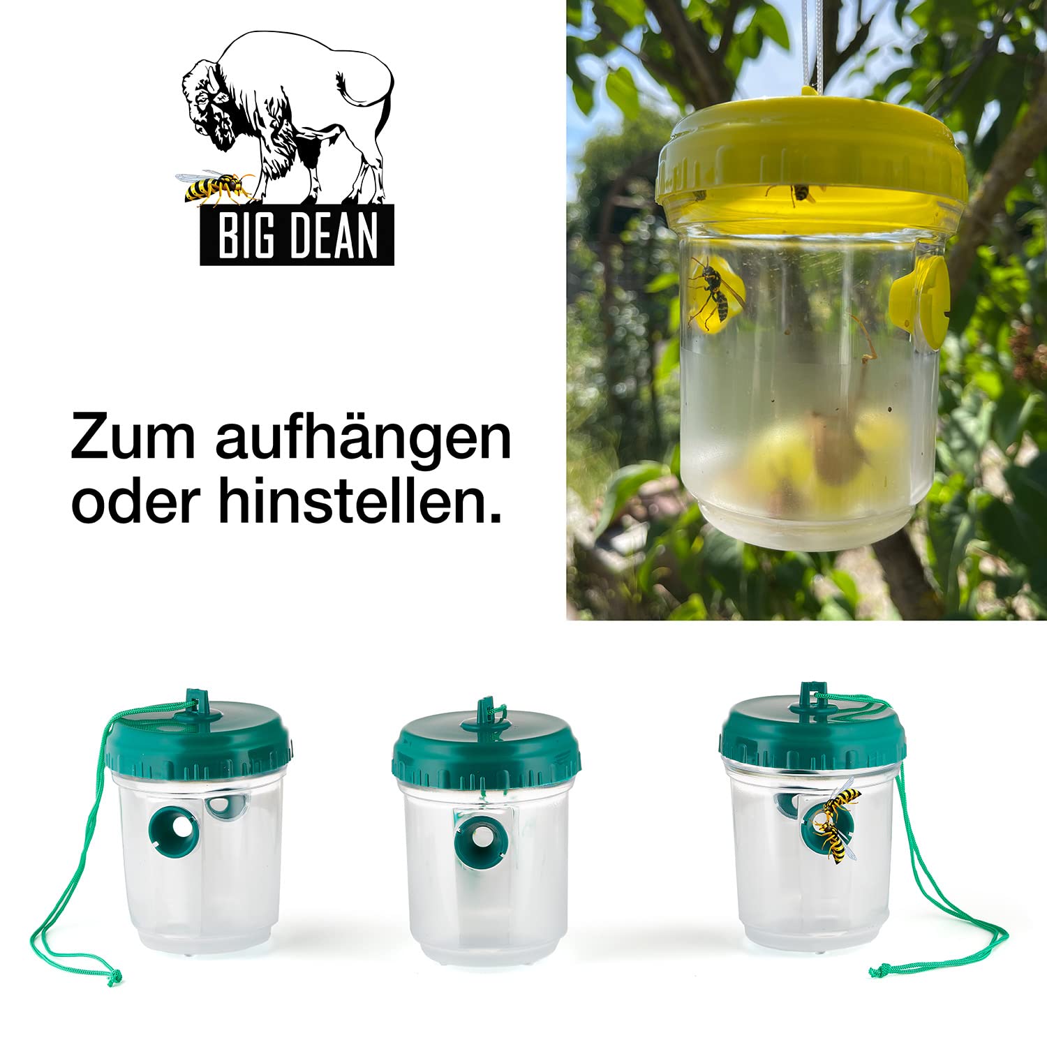 BigDean 3er Set Wespenfallen für draußen in Grün 9x13cm - Lebend Fallen zum Aufhängen gegen Wespen, Bienen, Hornissen - Hornissenfalle Bienenfalle Fliegenfalle - für natürlichen Lockstoff