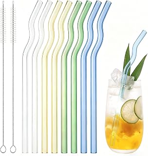 8 Pcs Reusable Cute Wavy Glass Straws 8”x 8mm with 2 Cleaning Brush