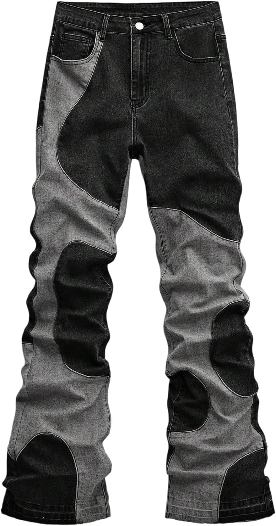 Men's Color Block Flare Jeans Streetwear Bootcut Denim Pants with Pockets
