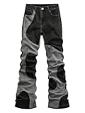 Men's Color Block Flare Jeans Streetwear Bootcut Denim Pants with Pockets