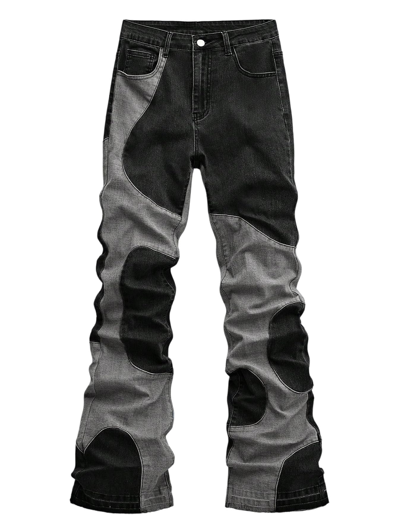 Men's Color Block Flare Jeans Streetwear Bootcut Denim Pants with Pockets