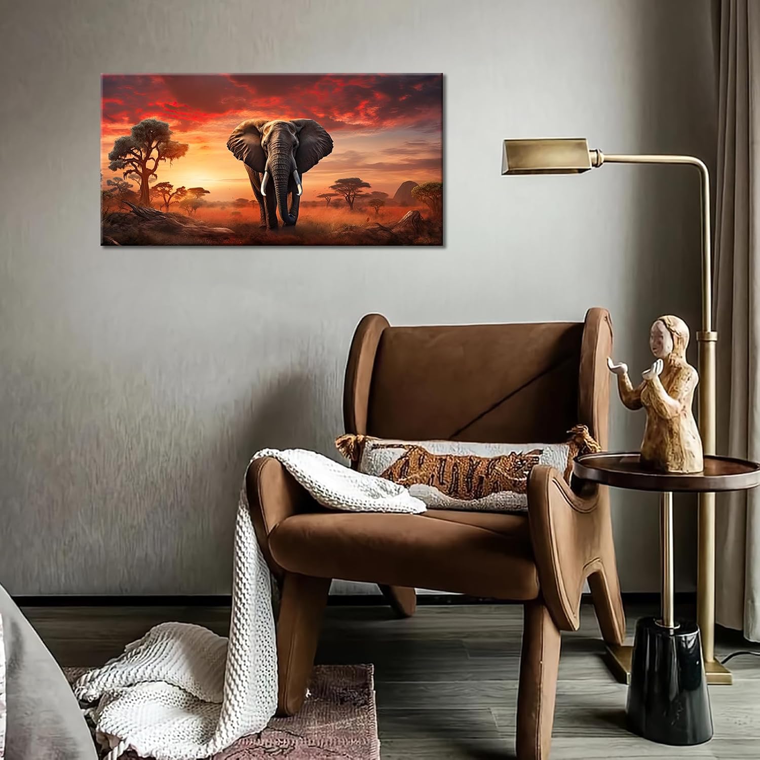 GLOKAKA African Elephants Canvas Wall Art Wild Animal Picture Sunset Nature Landscape Painting Wall Decor Scenery Large Artwork for Living Room Office Bedroom Decoration