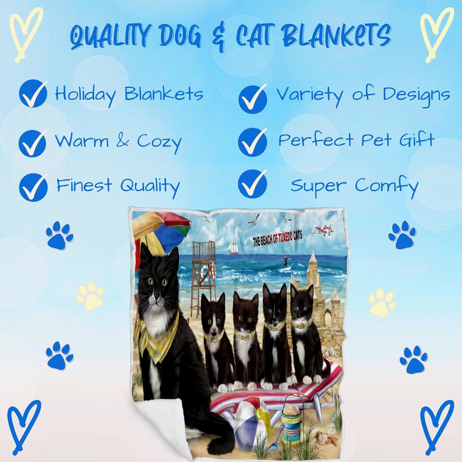 Pet Friendly Beach Tuxedo Cats Blanket - Lightweight Super Soft Cozy and Durable Bed Blanket - Animal Theme Fuzzy Blanket for Sofa Bed Couch BLNKT55111 (50x60 Sherpa)